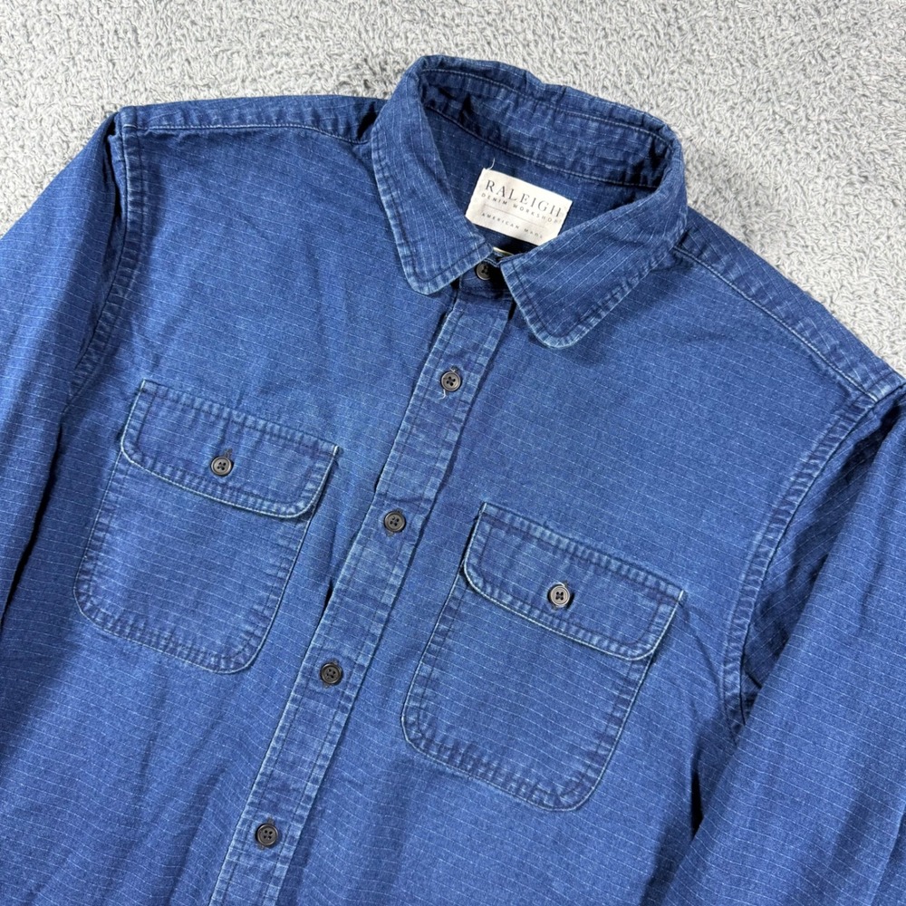 Raleigh‎ Denim Workshop Denim Shirt Mens Medium Blue Ripstop Indigo USA Workwear